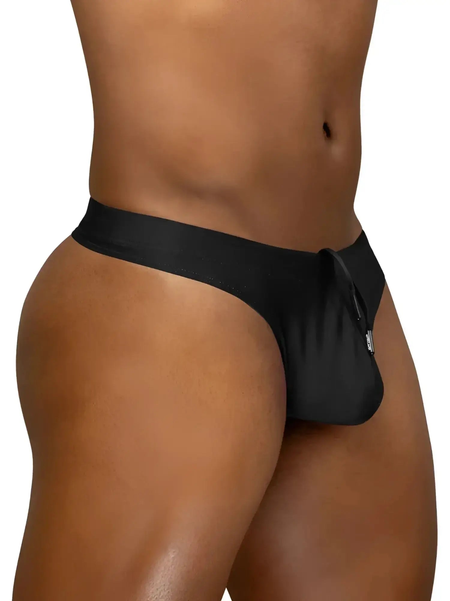 Side view of the black ErgoWear EW1830 X4D SW swim thong on a model.