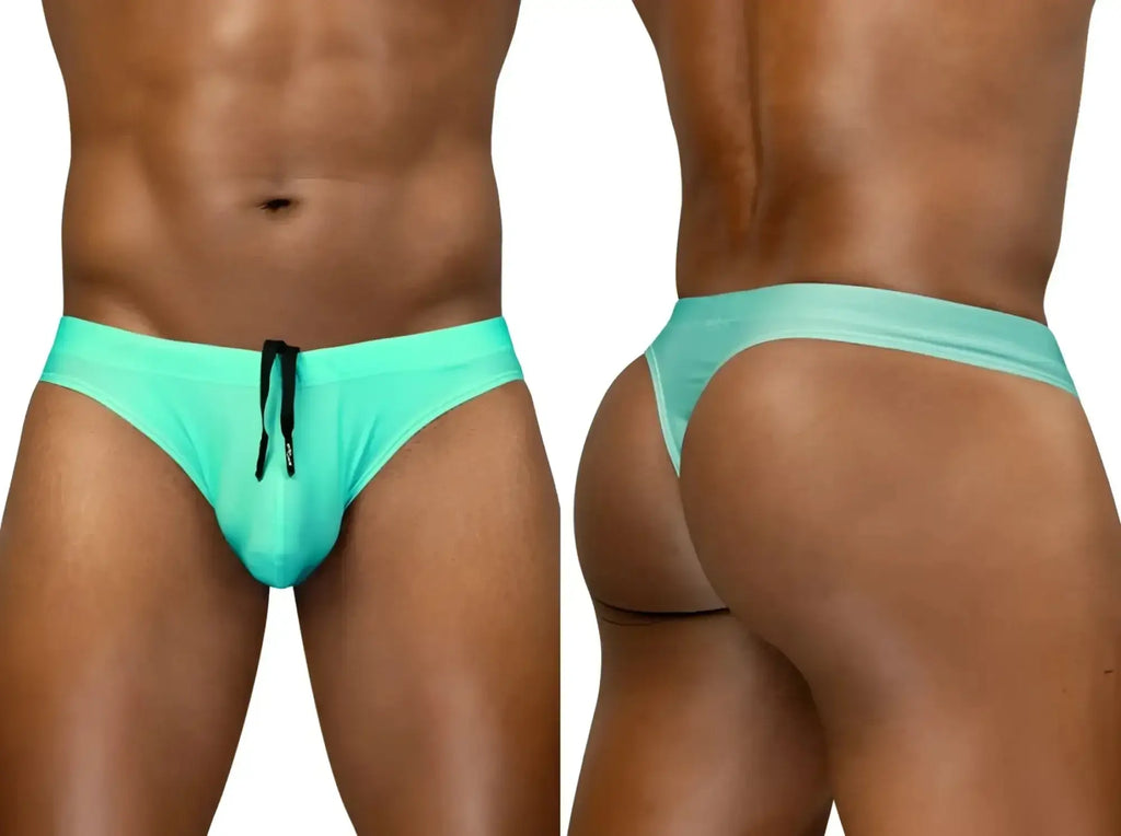 ErgoWear EW1836 X4D swim thong in aqua, showing front and back views on a model.