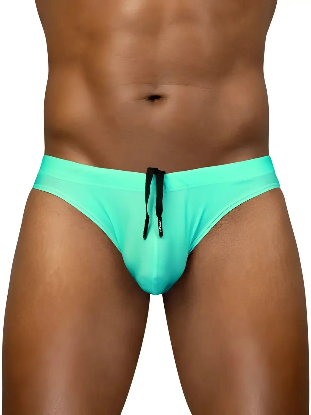 Front view of ErgoWear EW1836 X4D SW Swim Thong in aqua on a model.