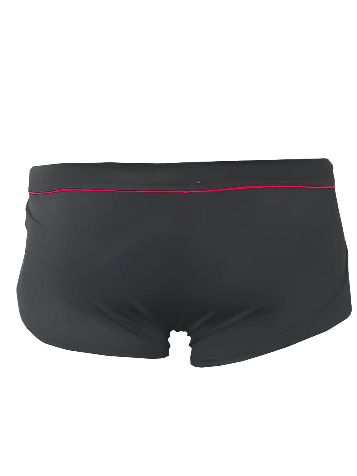 Black Ernesto square trunk swim trunks with thin red trim along the waistband for casual beachwear