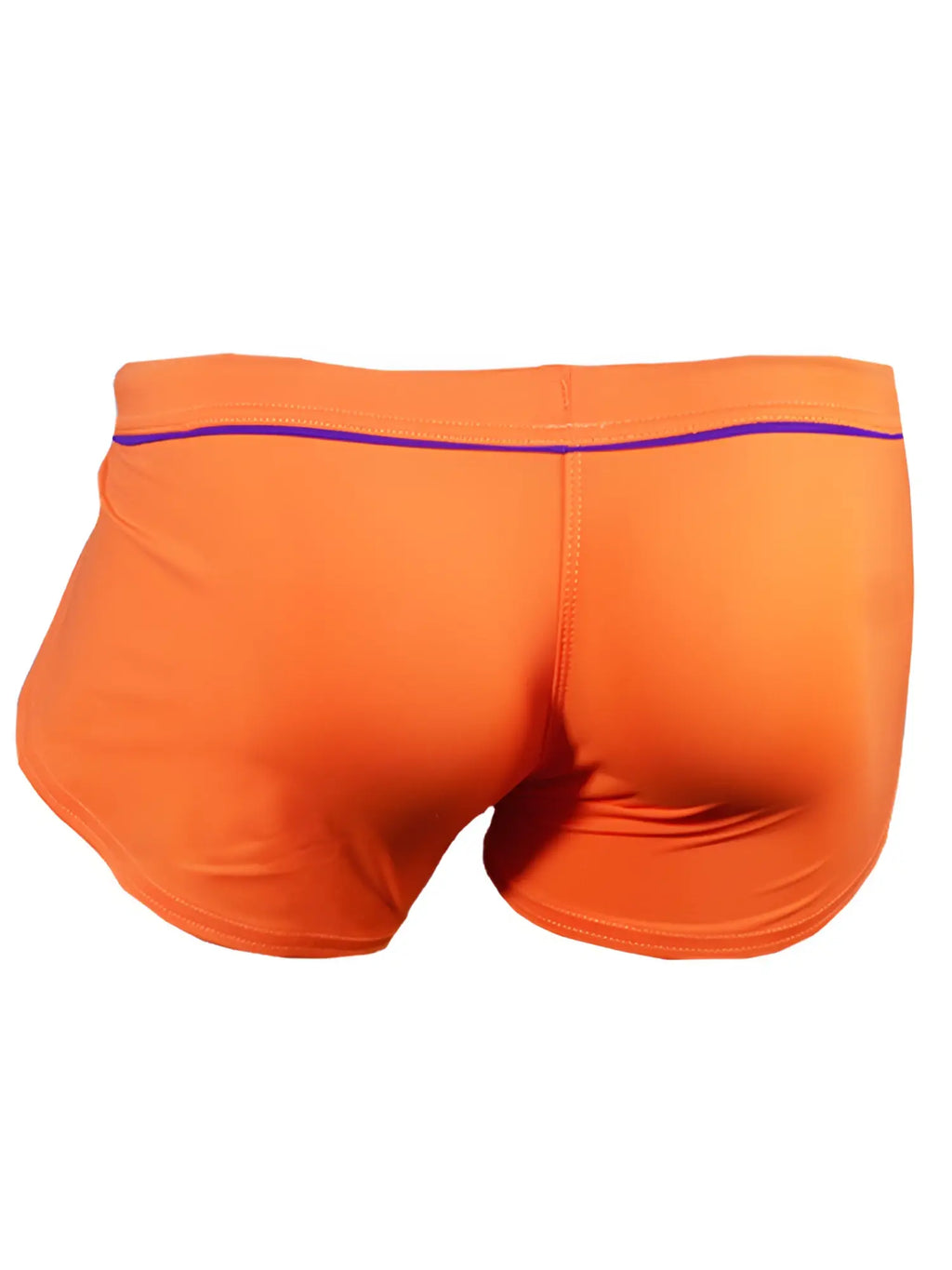 Ernesto square trunk bright orange swim trunks with purple trim along the waistband for beachwear