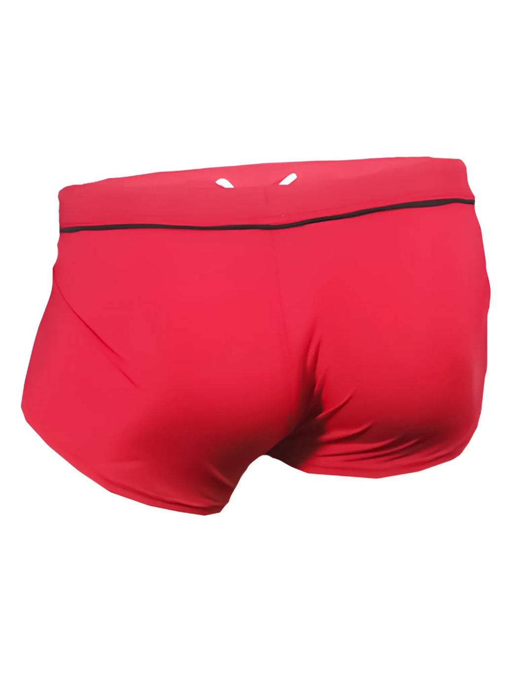 Red ernesto square trunk swim trunks with black waistband trim and two small white cutouts designed for swimming