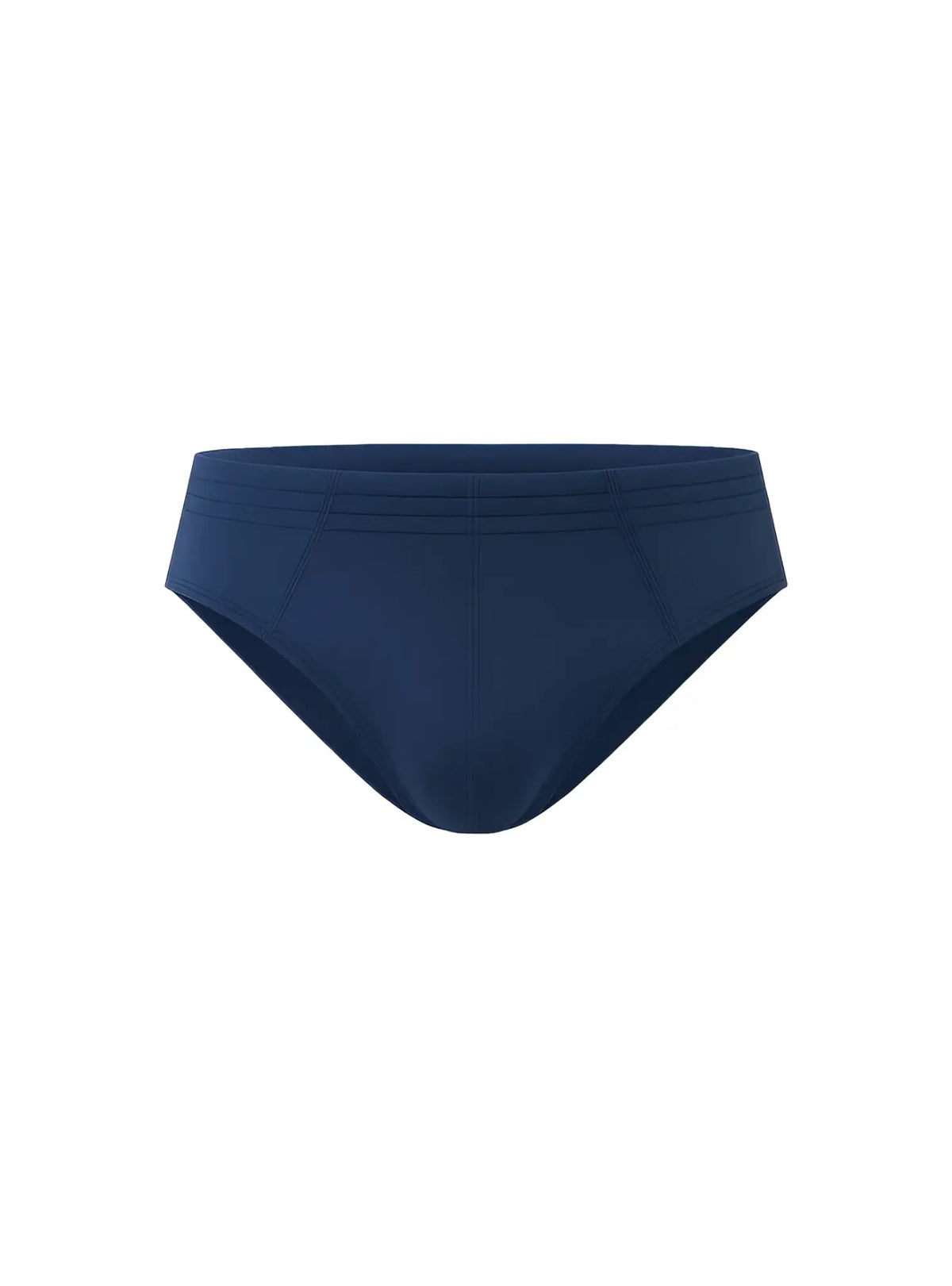 Navy blue essential cotton brief swim trunks with smooth stretchy fabric and subtle horizontal waistband stitching