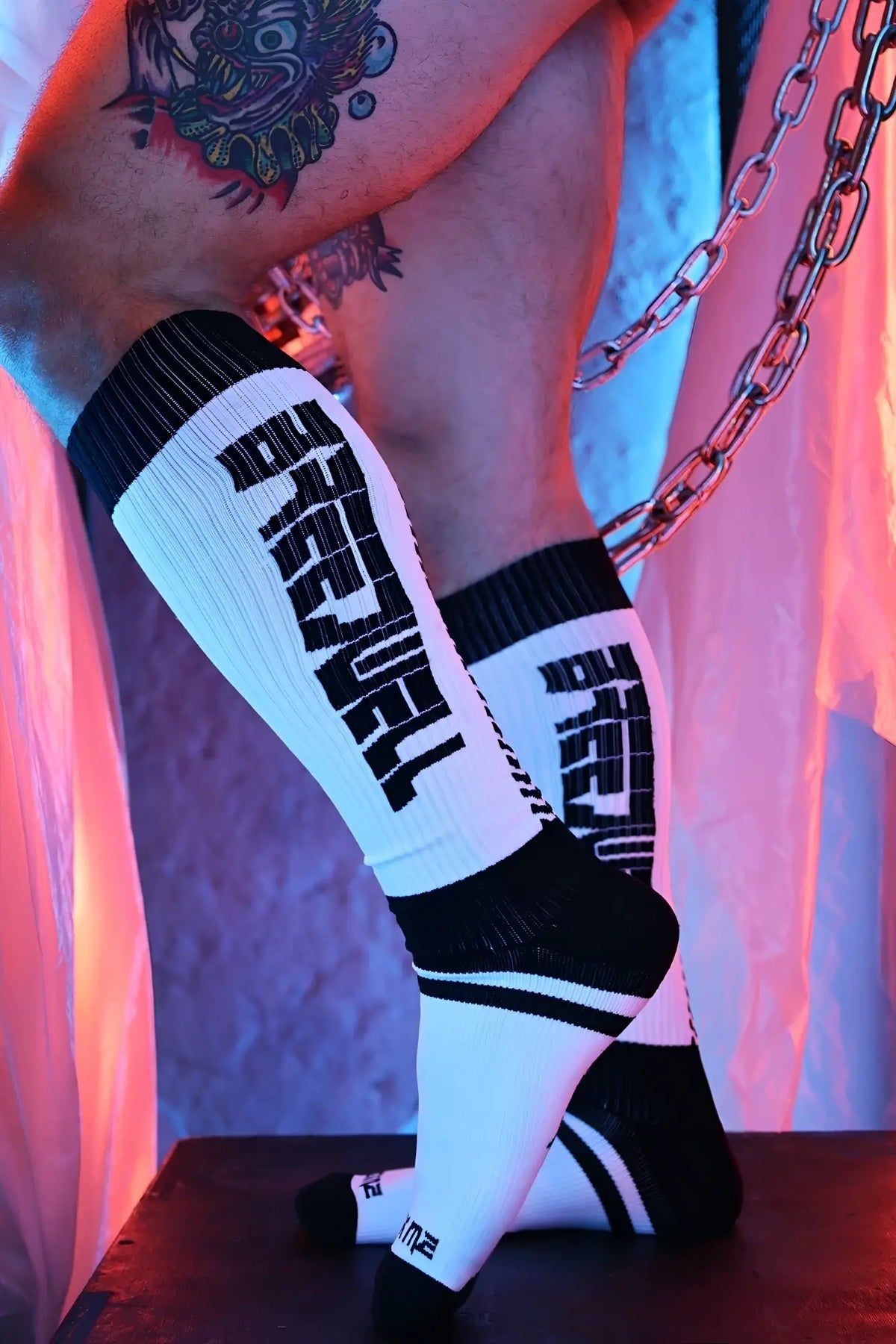 Eternity socks black and white athletic socks with bold everyday lettering ribbed cuffs and toe caps