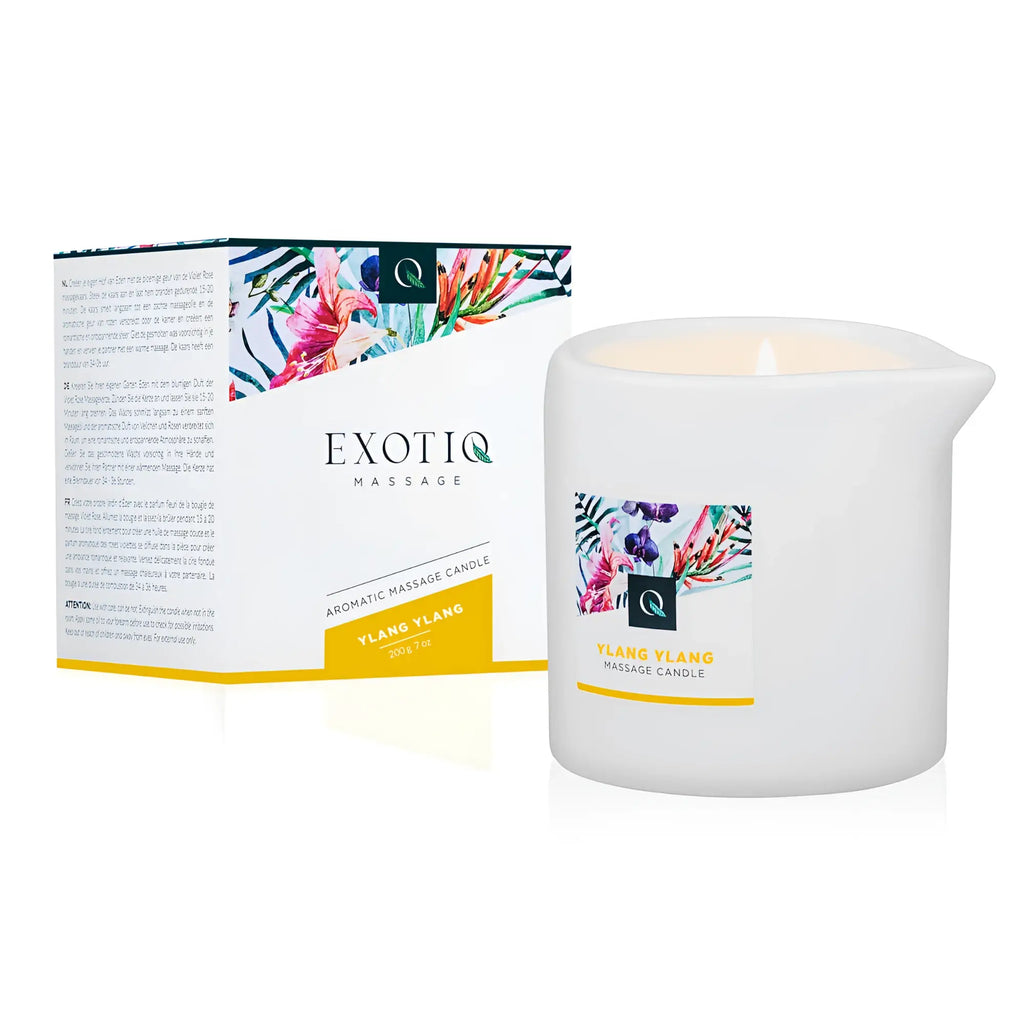 White ceramic massage candle exotiq with ylang ylang scent and floral label for aromatherapy and relaxation