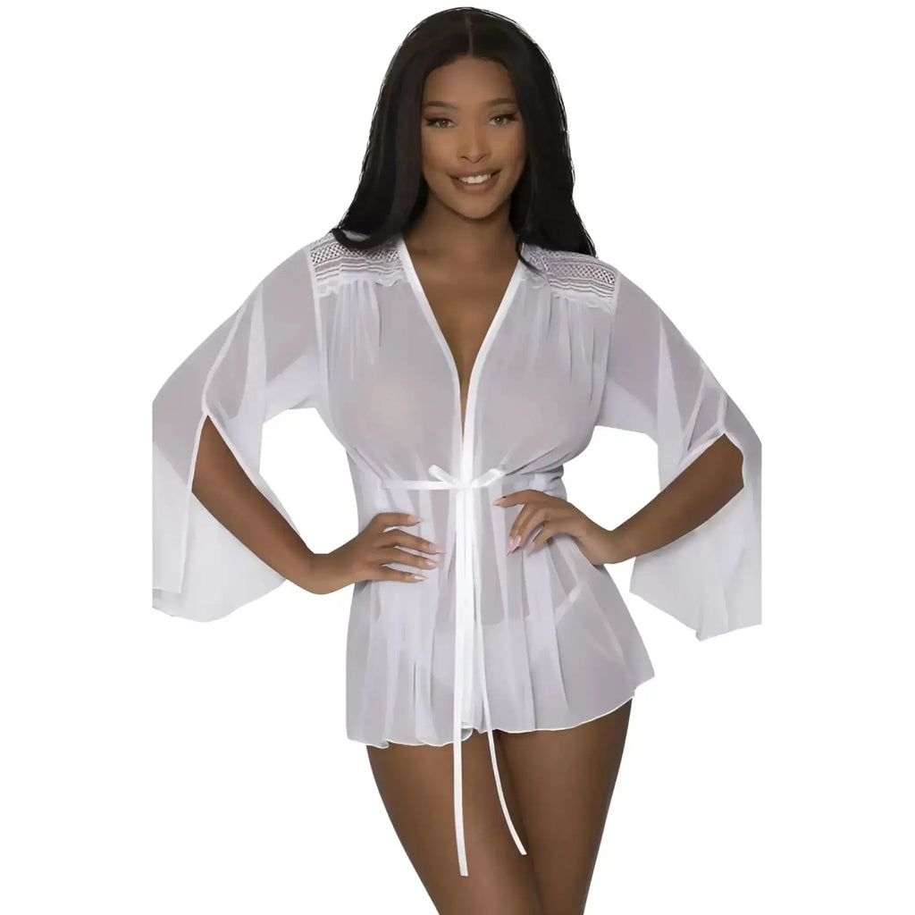 White sheer lace-trimmed short robe with bell sleeves and tie belt in size l/xl by exposed lingerie