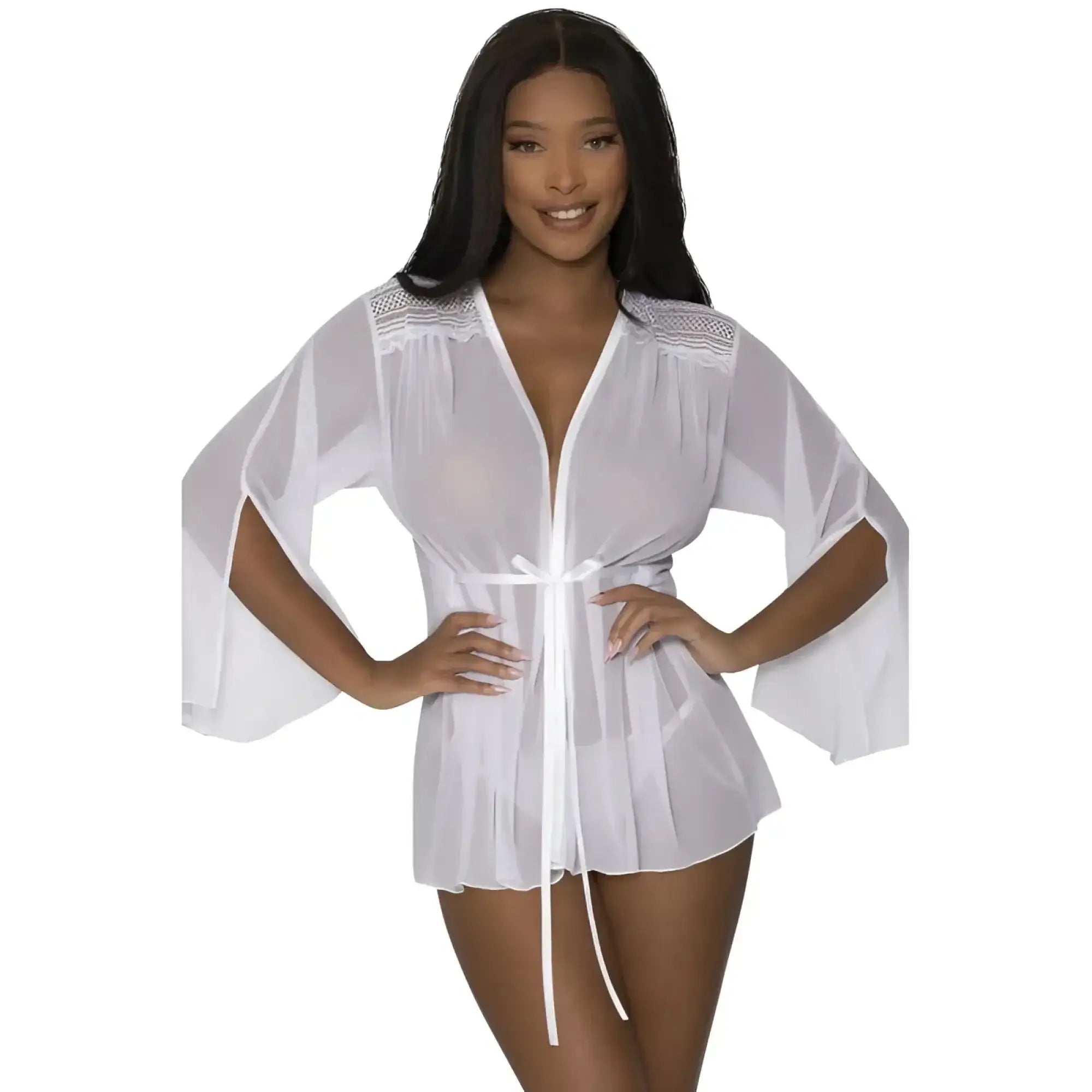 White sheer lace-trimmed short robe with bell sleeves and tie belt in size l/xl by exposed lingerie