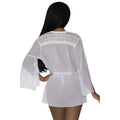 White sheer lace-trimmed flowing short robe with bell sleeves and matching belt in size L XL by exposed lingerie