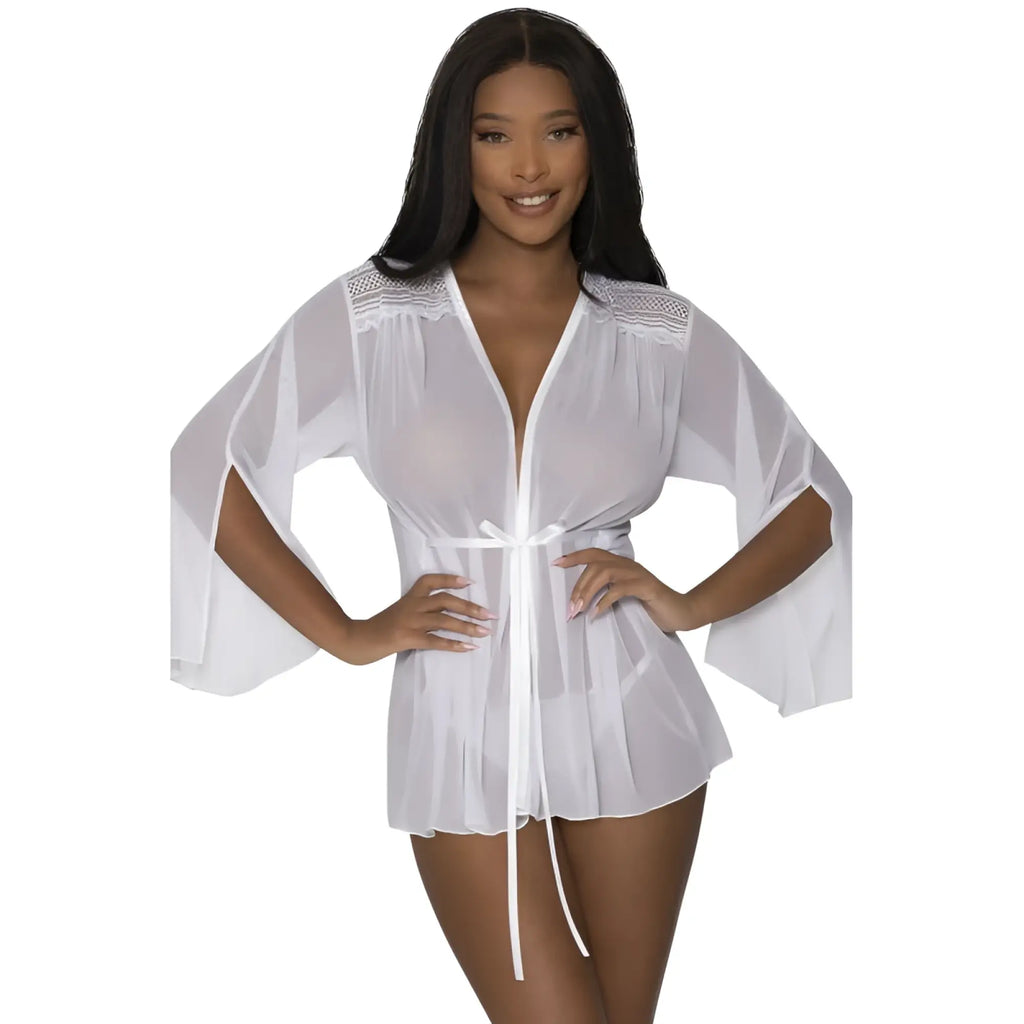 White sheer lace-trimmed short robe with bell sleeves and tie belt in size l/xl by exposed lingerie