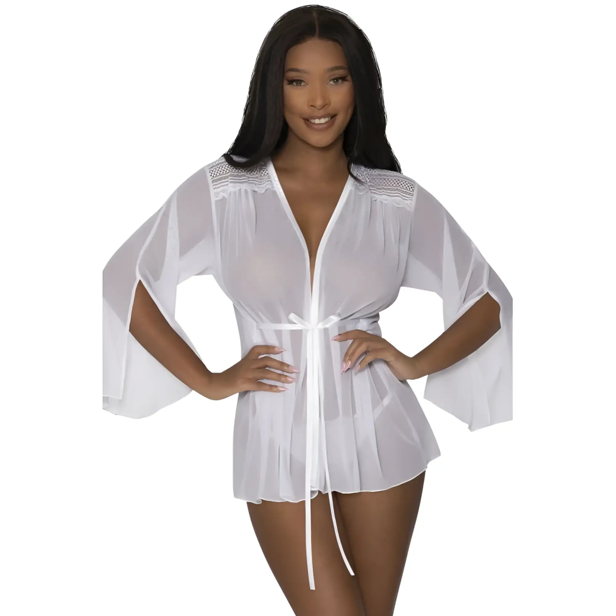 White sheer lace-trimmed short robe with bell sleeves and tie belt in size l/xl by exposed lingerie