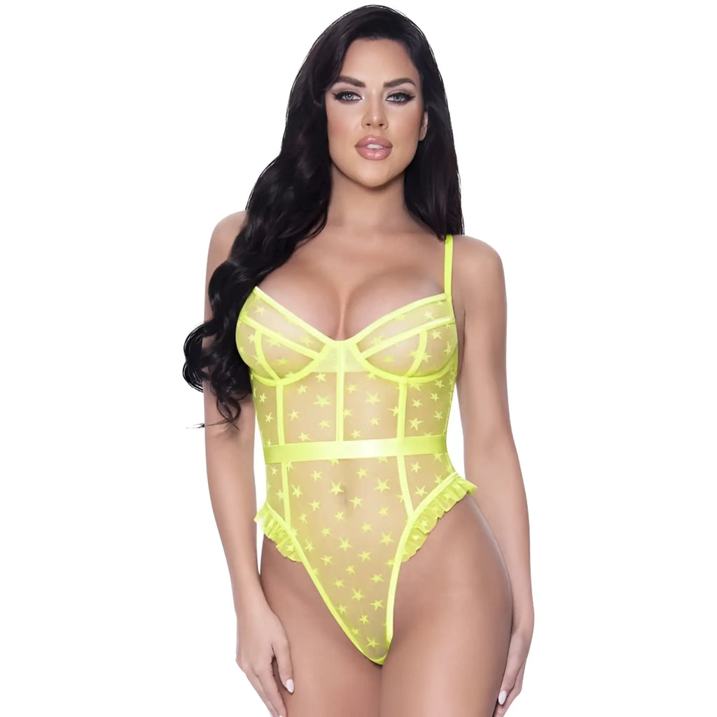 Neon yellow sheer high leg teddy with star pattern and ruffled hem from exposed lingerie in size ml