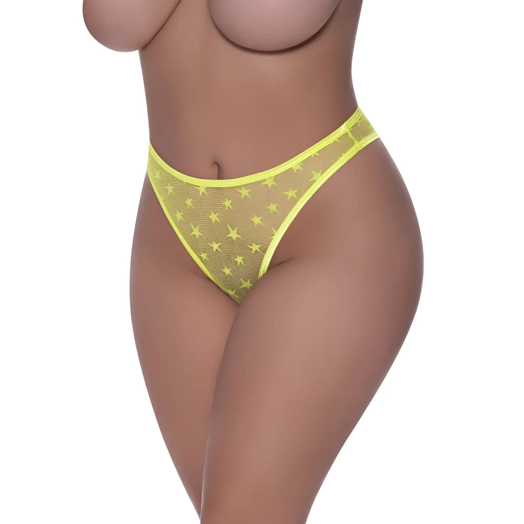 Bright yellow star-patterned sheer mesh high waist micro thong lime plus size lingerie front view