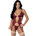 Exposed lingerie kira burgundy kiss two piece set lxl maroon faux leather bodysuit with gold metal accents and suspenders