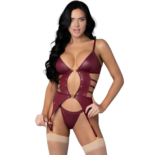Exposed lingerie kira burgundy kiss two piece set lxl maroon faux leather bodysuit with gold metal accents and suspenders