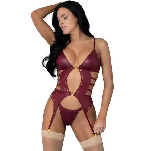 A maroon faux leather bodysuit with gold-tone hardware and cut-out details from exposed lingerie kira burgundy kiss set