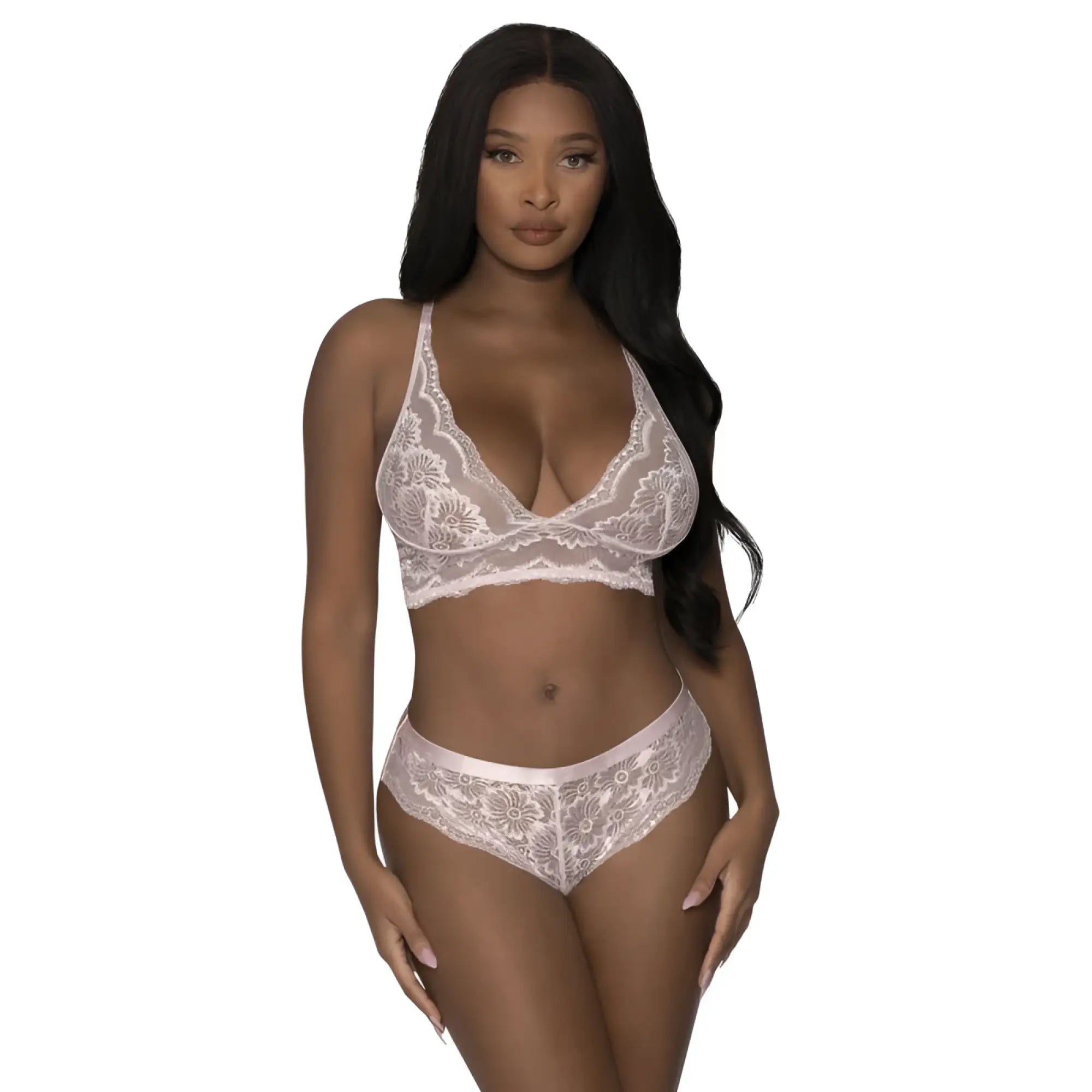 A delicate pink lace bra and matching panties set with floral patterns from the exposed lingerie lace cami and short set sm