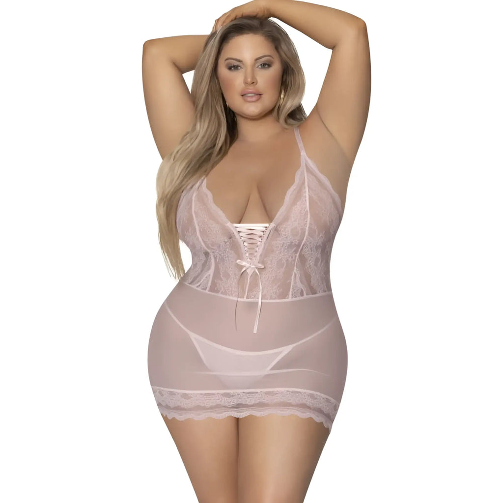A delicate pink lace chemise and g-string blush plus size with corset front and sheer mesh panels