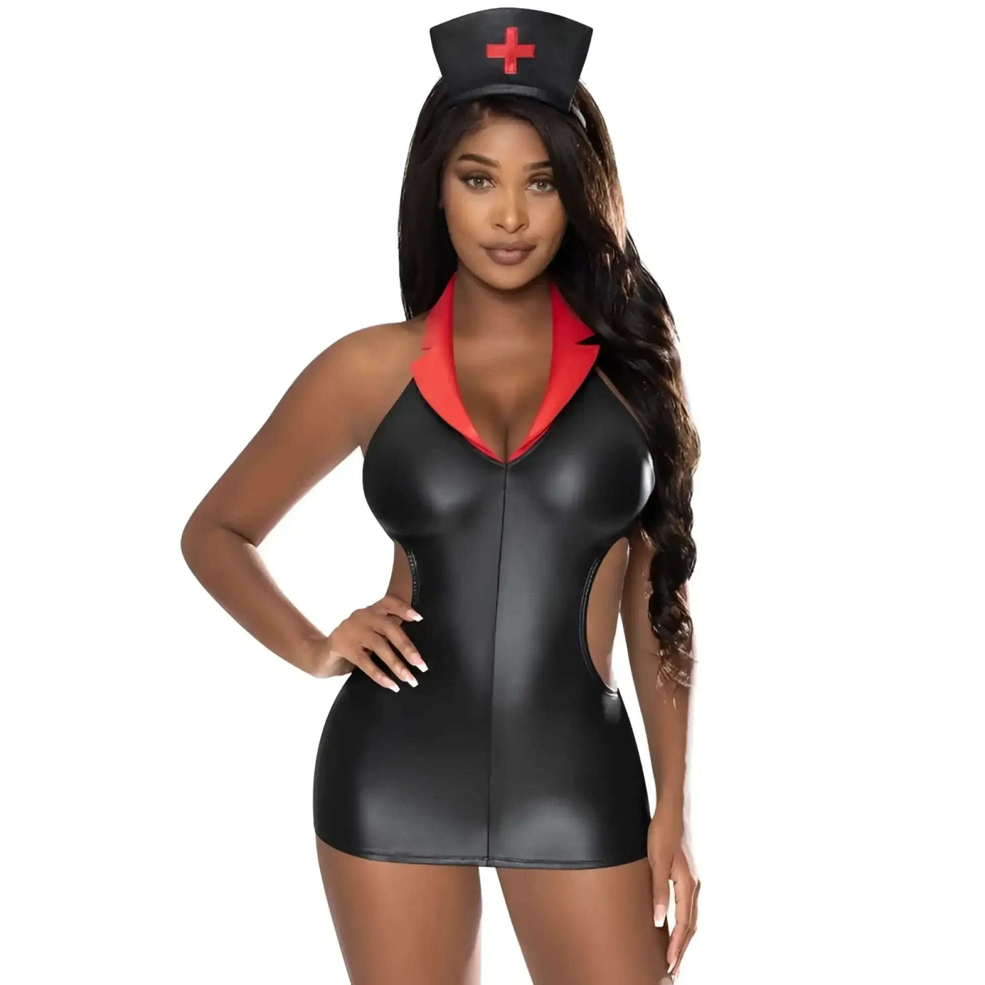 Black faux leather night nurse costume with red collar and matching cap featuring red cross s m size