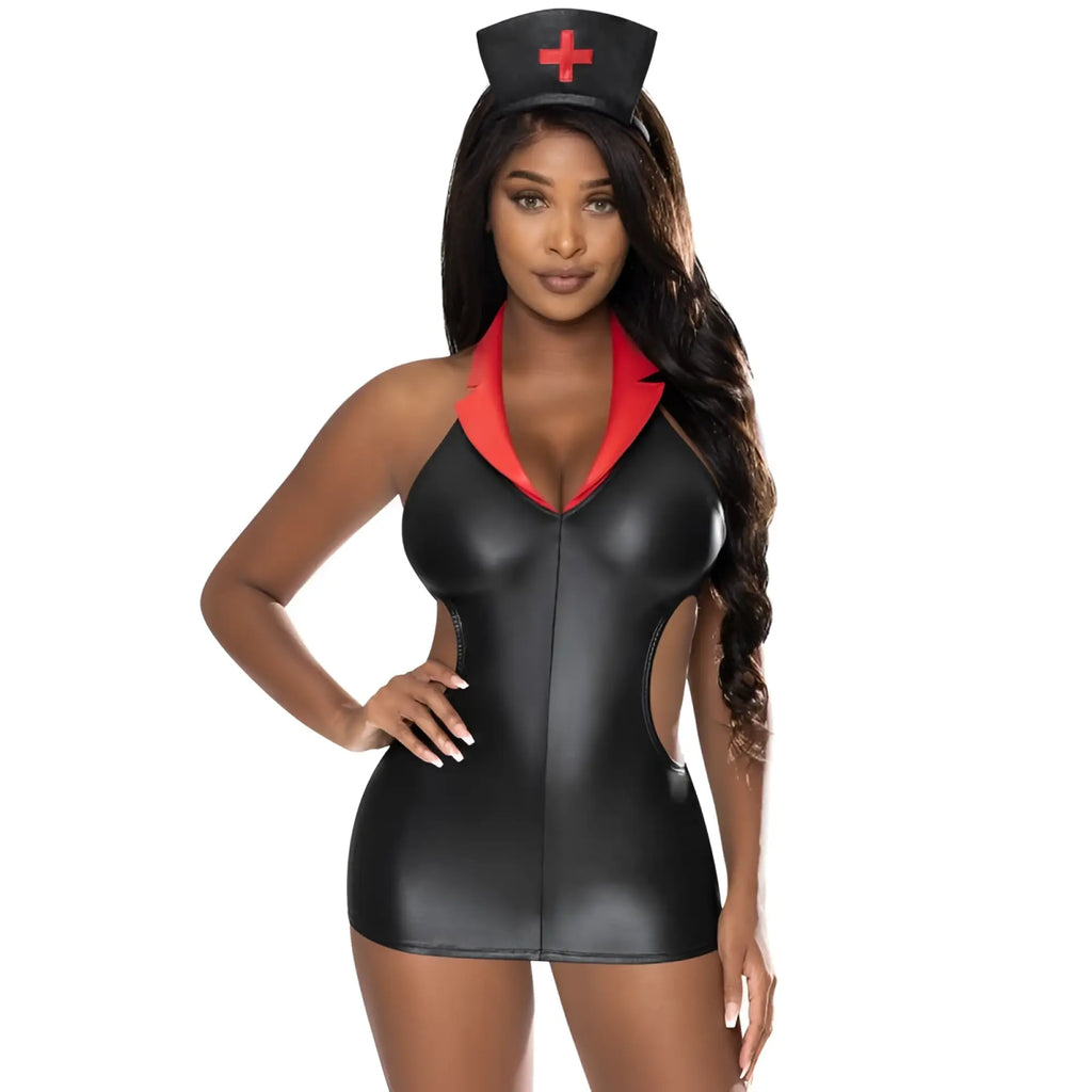 Black faux leather night nurse costume with red collar and matching cap featuring red cross s m size