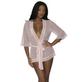 A delicate sheer lavender exposed lingerie robe with intricate white lace trim along the neckline and hem blush s/m