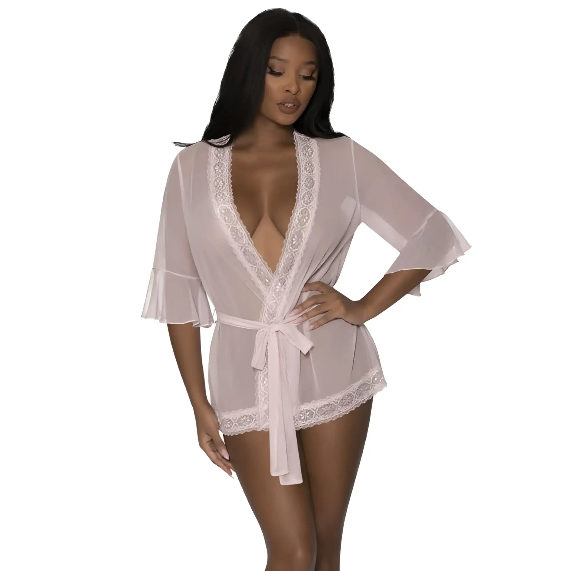 A delicate sheer lavender exposed lingerie robe with intricate white lace trim along the neckline and hem blush s/m
