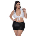 White halter top with front bow tie and black faux leather mini skirt in exposed lingerie sexy CEO costume plus size