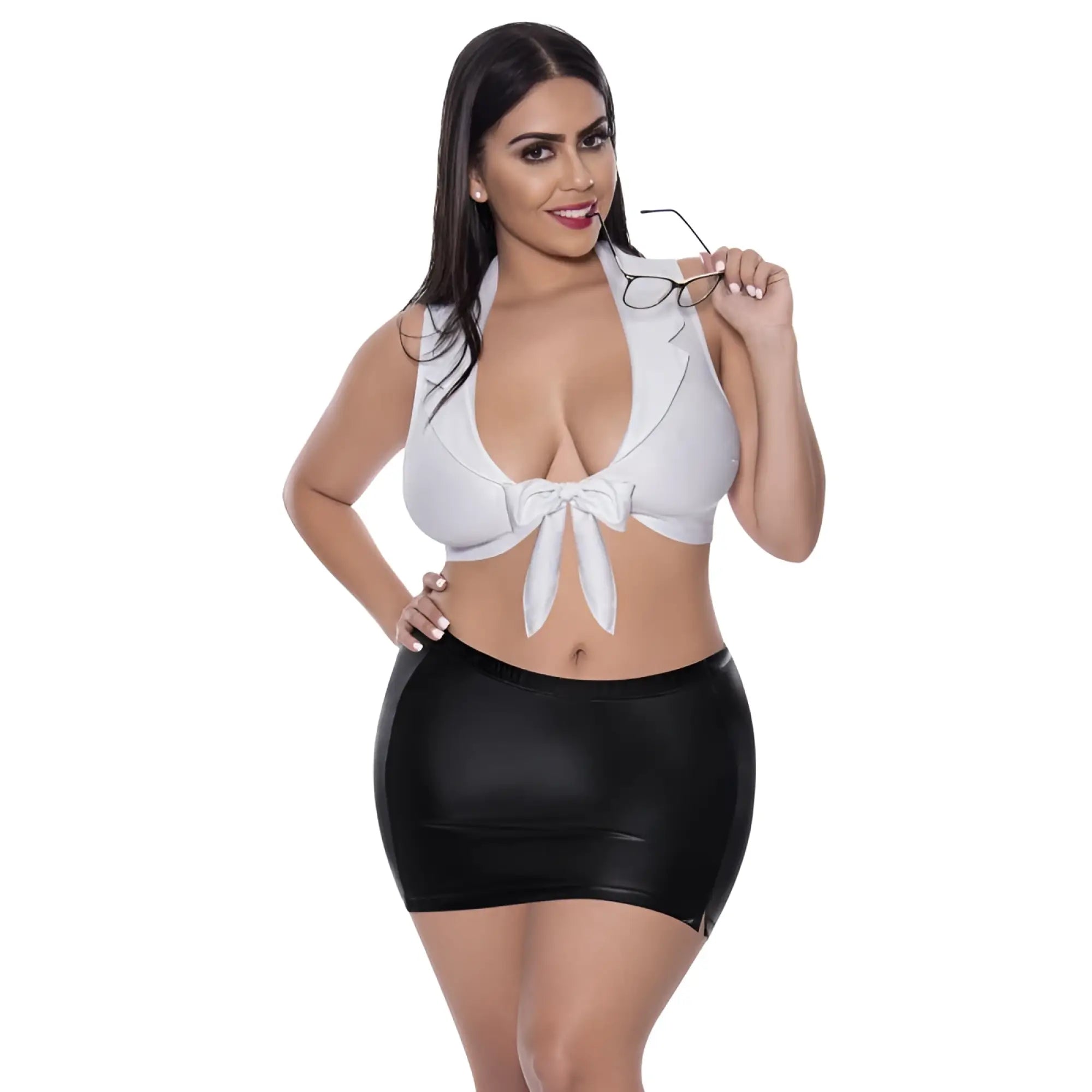 White halter top with front bow tie and black faux leather mini skirt in exposed lingerie sexy CEO costume plus size