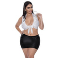 White halter top with front bow tie and black faux leather mini skirt in exposed lingerie sexy CEO costume plus size