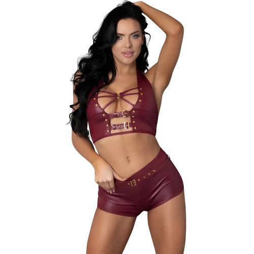 Maroon faux leather harness-style crop top and shorts set with gold-tone buckles and studs in size s/m