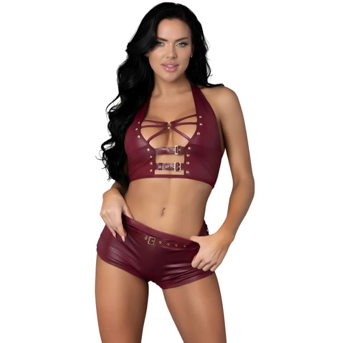 Maroon faux leather halter top with crisscross straps and silver buckle accents from Exposed Lingerie Thalia set