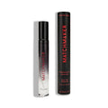 Black cylindrical roll-on perfume bottle with red matchmaker branding and matching black tube packaging for him to attract him