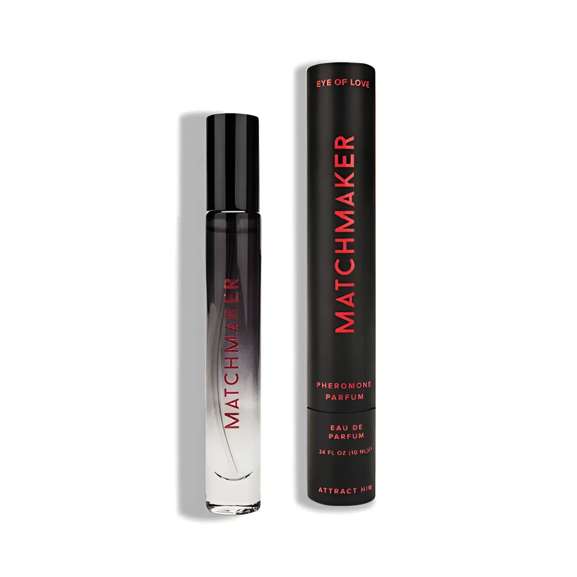 Black cylindrical roll-on perfume bottle with red matchmaker branding and matching black tube packaging for him to attract him