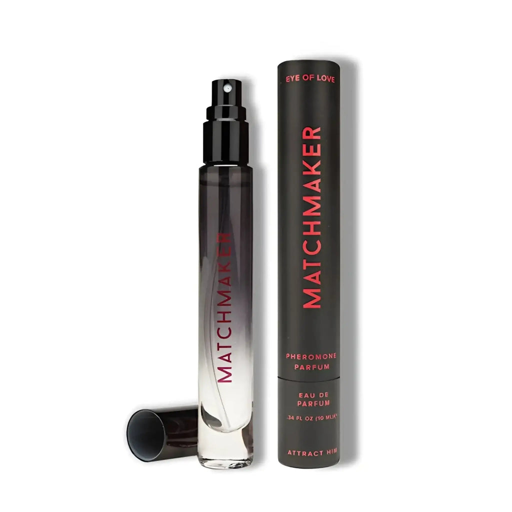 Eye of love matchmaker lgbtq pheromone body spray black diamond in a sleek black and clear glass bottle with pink lettering