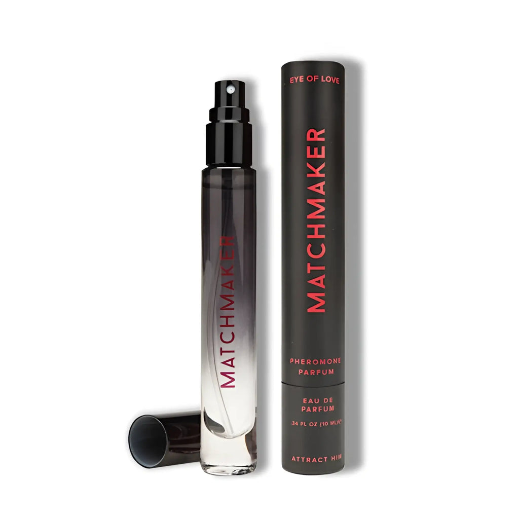 Eye of love matchmaker lgbtq pheromone body spray black diamond in a sleek black and clear glass bottle with pink lettering