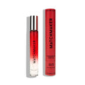 Red and clear glass roll-on perfume bottle with silver cap labeled matchmaker eye of love lgbtq pheromone body spray 10ml