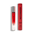 Red and clear glass roll-on perfume bottle with silver cap labeled matchmaker eye of love lgbtq pheromone body spray 10ml