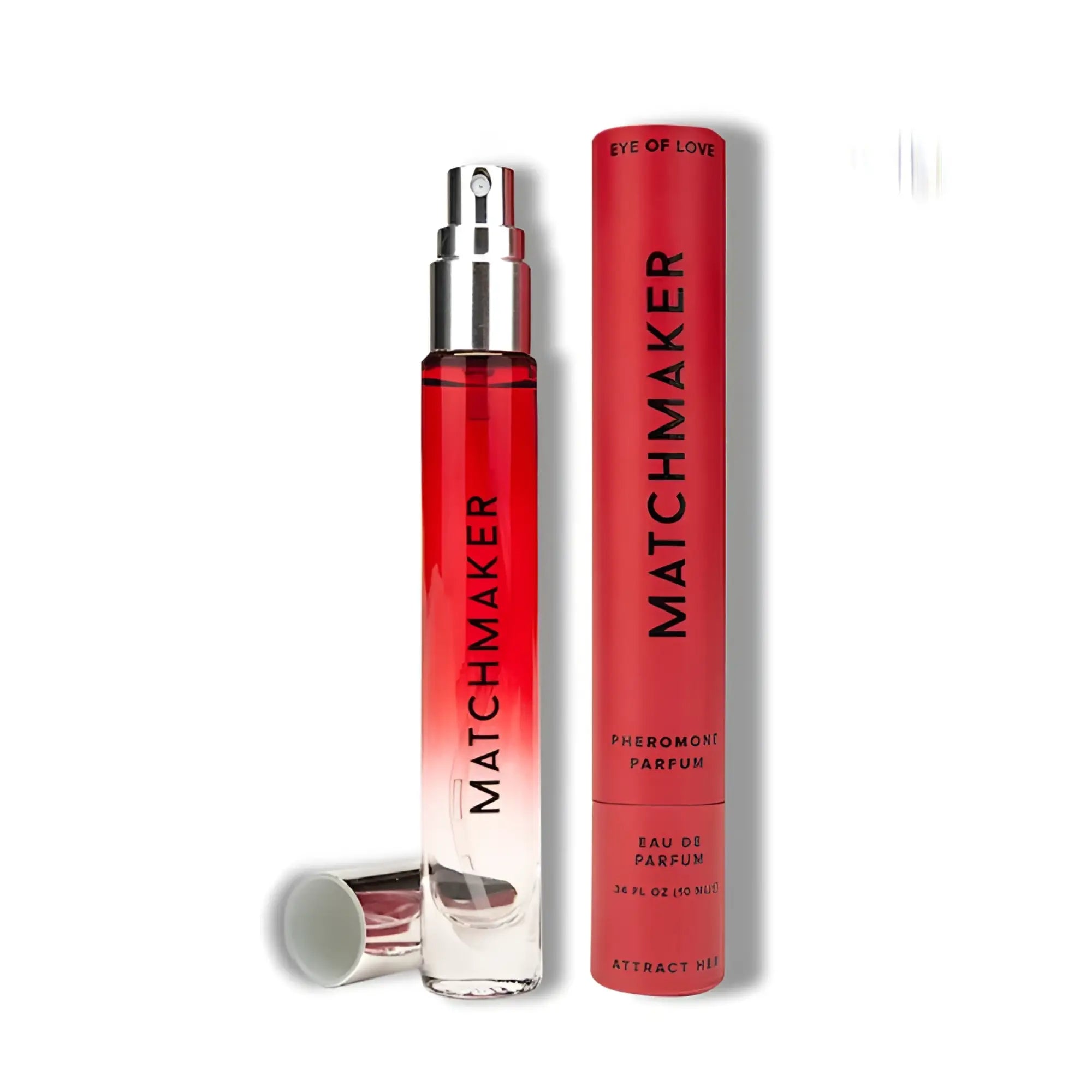Red and clear glass eye of love matchmaker lgbtq pheromone body spray with silver nozzle for her to attract her