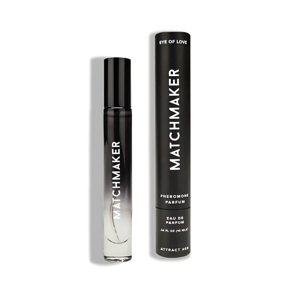 Black and clear glass roll-on perfume bottle with silver gradient label by matchmaker eye of love pheromone spray 10ml