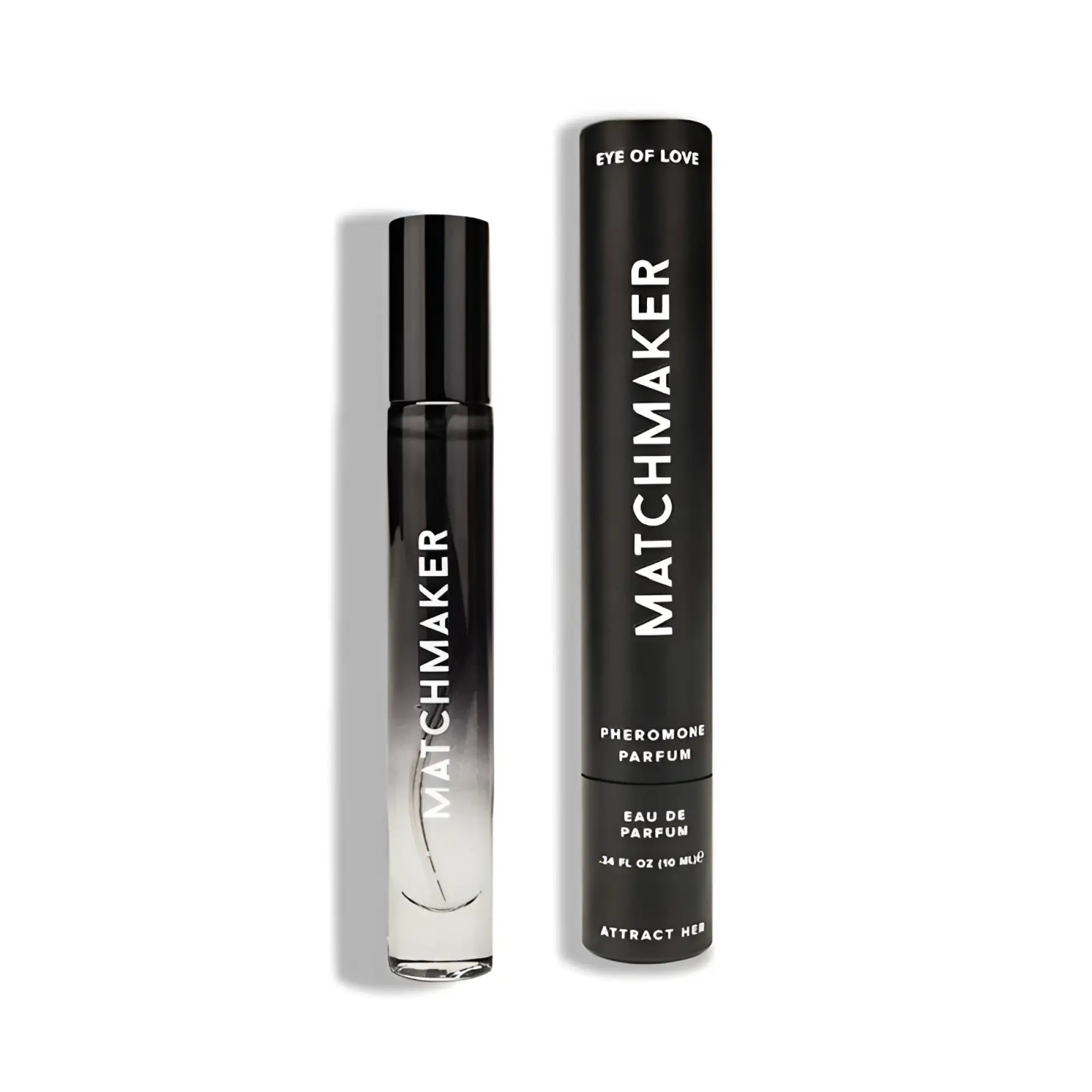 Black and clear glass roll-on perfume bottle with silver gradient label by matchmaker eye of love pheromone spray 10ml