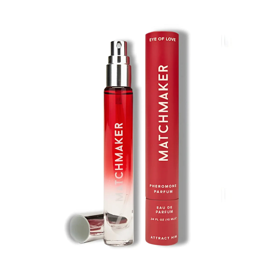 Red and clear gradient glass spray bottle of eye of love matchmaker pheromone body spray red diamond 10 ml