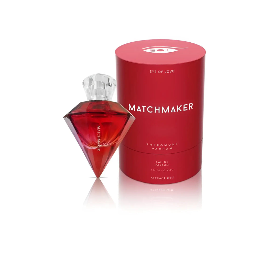 Red diamond-shaped Eye Of Love Matchmaker pheromone body spray bottle with clear crystal stopper 30ml to attract him