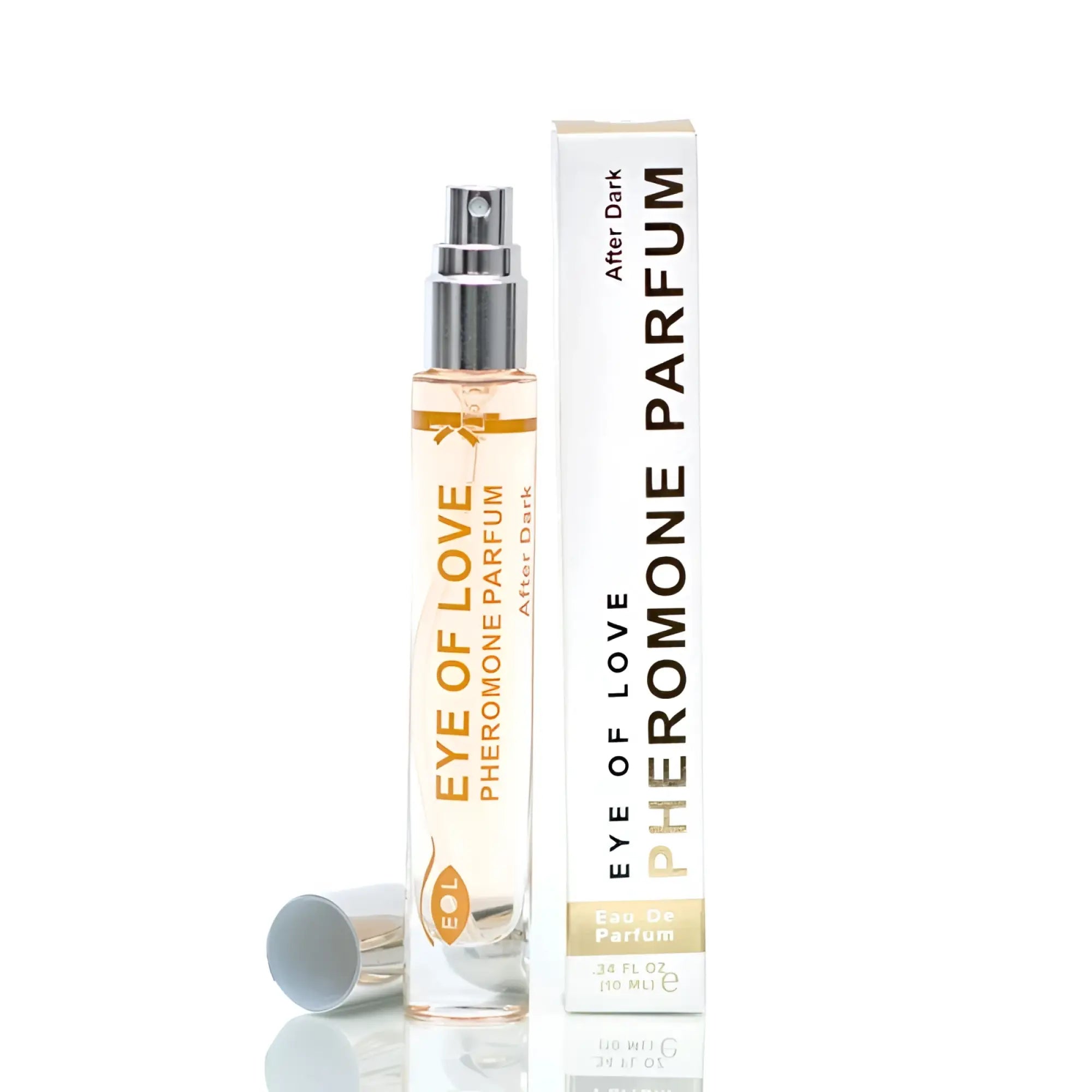 Transparent glass spray bottle with silver nozzle containing eye of love pheromone parfum after dark 10ml body spray
