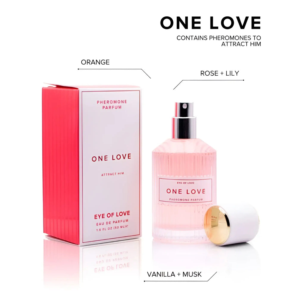 Pink glass perfume bottle with silver spray nozzle and coral box for eye of love pheromone body spray 50ml
