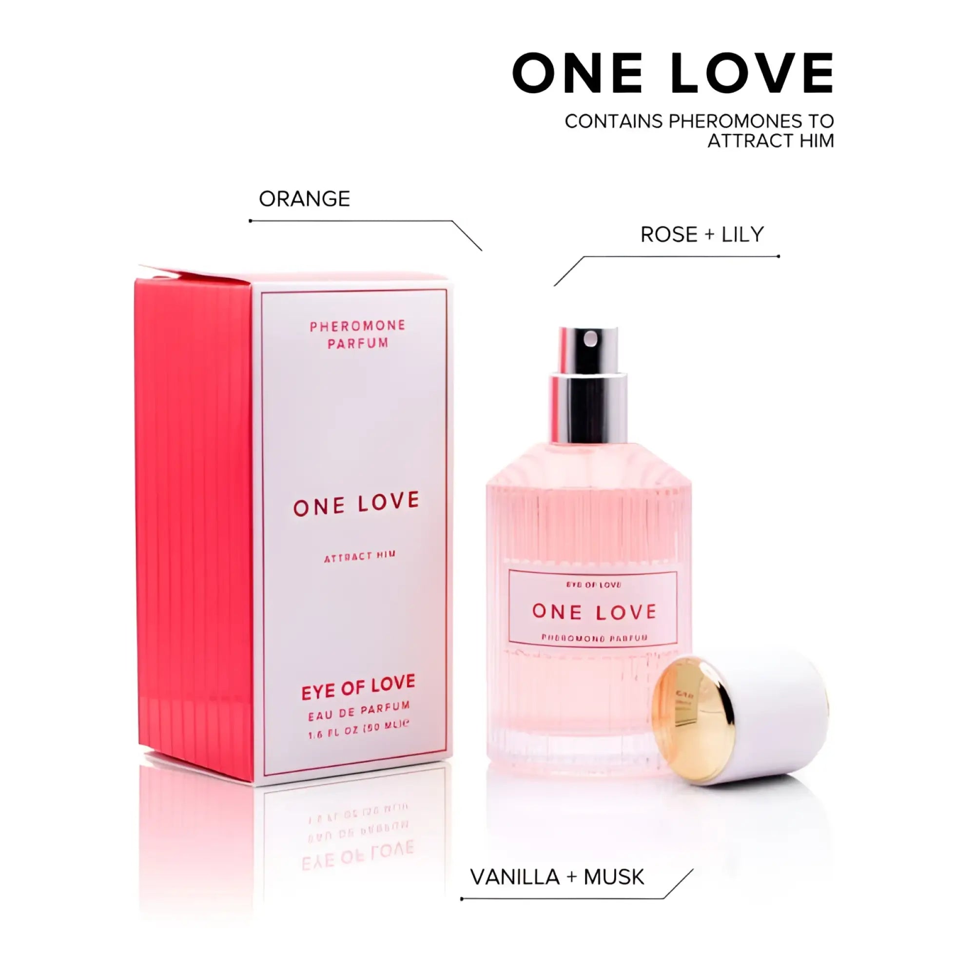 Pink glass perfume bottle with silver spray nozzle and coral box for eye of love pheromone body spray 50ml