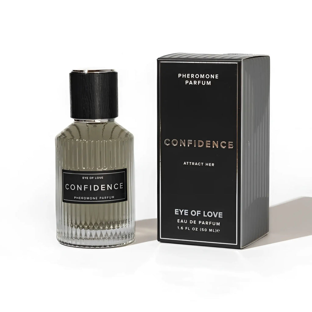 A sleek ribbed glass bottle of Eye Of Love confidence pheromone body spray with a black cap and label 50ml