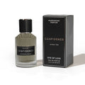 A sleek ribbed glass bottle of Eye Of Love confidence pheromone body spray with a black cap and label 50ml