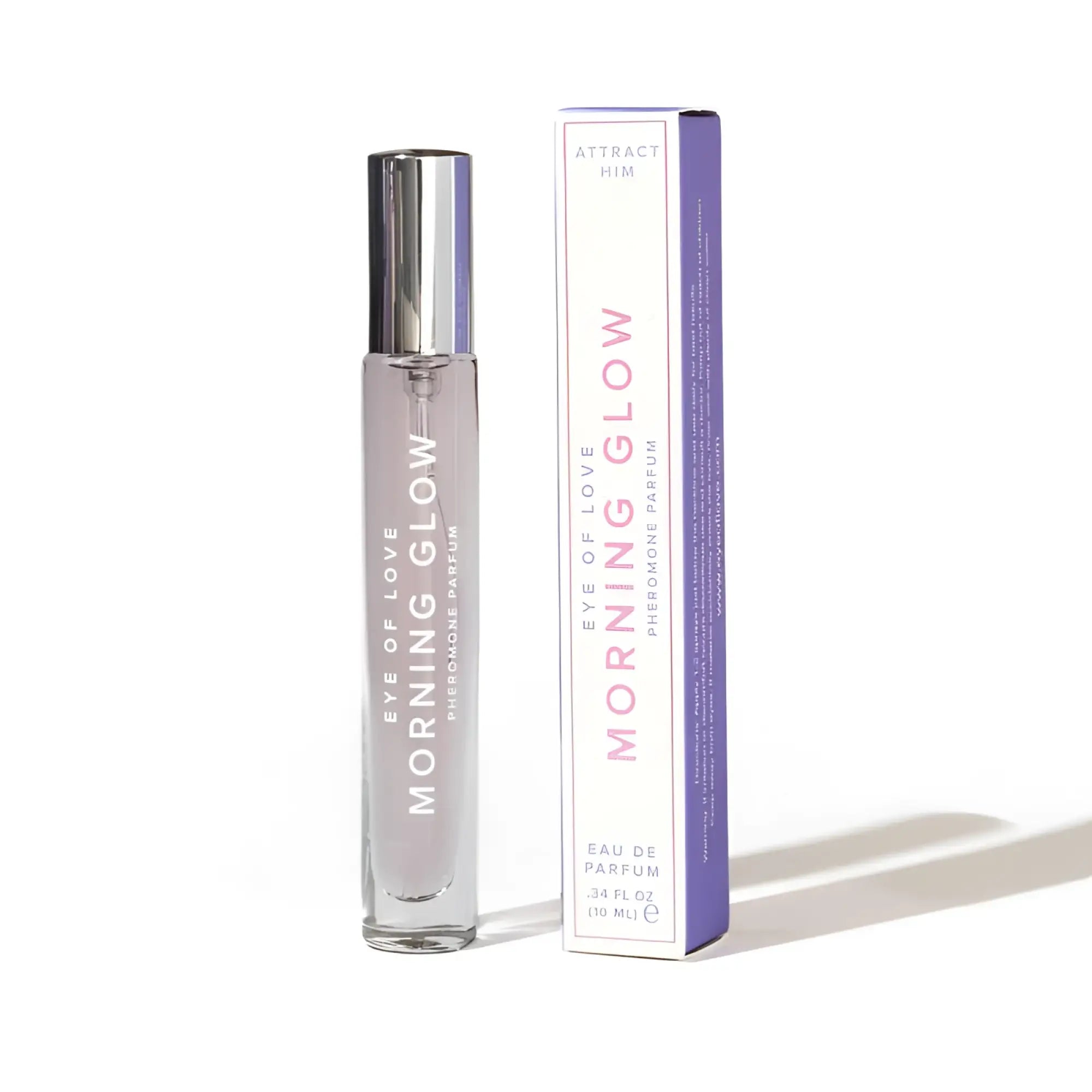 A sleek transparent glass rollerball perfume bottle with silver cap labeled eye of love morning glow body spray 10ml
