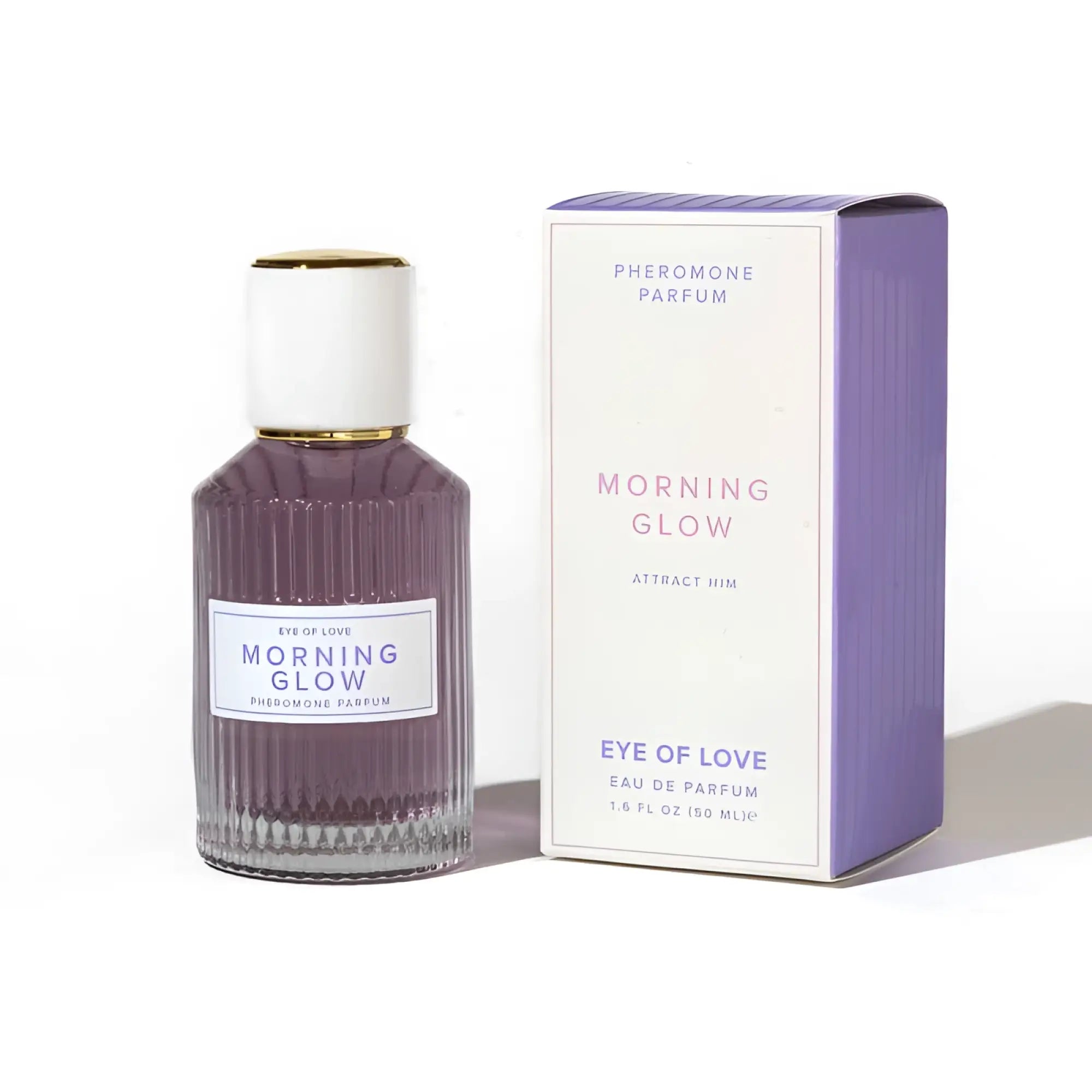 A sleek ribbed glass bottle of Eye of Love pheromone body spray morning glow with white cap and gold accents 50ml