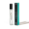 Transparent glass rollerball perfume bottle with black cap and minimalist white text beside teal and black packaging for eye of love pheromone body spray unscented attract her 10ml