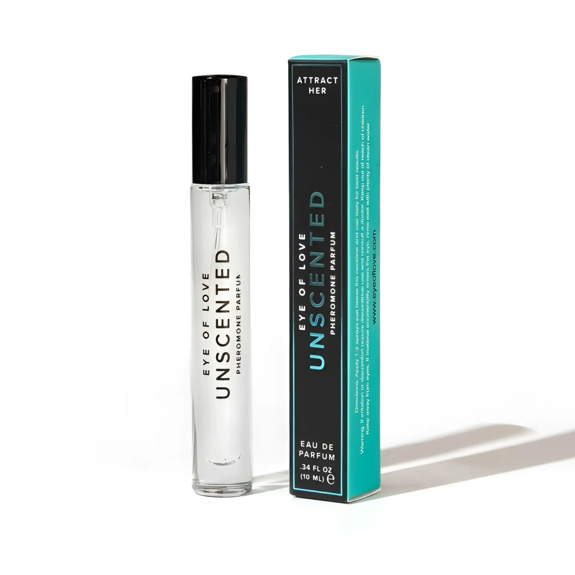 Transparent glass rollerball perfume bottle with black cap and minimalist white text beside teal and black packaging for eye of love pheromone body spray unscented attract her 10ml